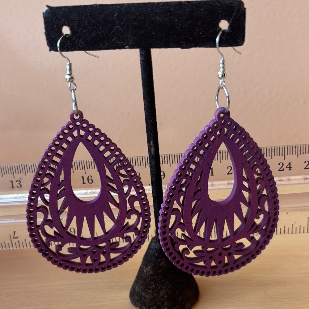 Ornate Purple Teardrop Filigree Dangle Earrings